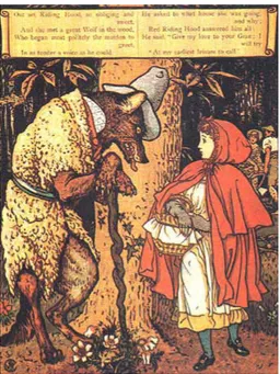 Fig.  10,  Little  Red  Riding  Hood,  ill.  Walter  Crane,  Londres  1875.  URL :  http://www.surlalunefairytales.com/illustrations/ridinghood/cranered7.html  [Dernière  consultation le 11/11/2012]