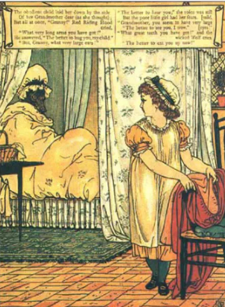Fig.  11,  Little  Red  Riding  Hood,  ill.  Walter  Crane,  Londres  1875.  URL :  http://www.surlalunefairytales.com/illustrations/ridinghood/cranered7.html  [Dernière  consultation le 11/11/2012]