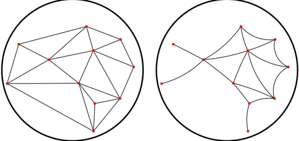 Figure II.15: Left: Euclidean Delaunay triangulation of a set of points in the unit disk.