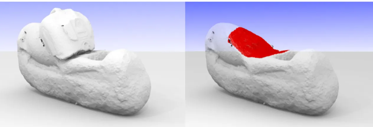 Figure 3.2: Shape matching involves bounded surfaces. In this example, the two fragments (left) have been matched using their contact surface, shown in red in the right image (for the bottom fragment)