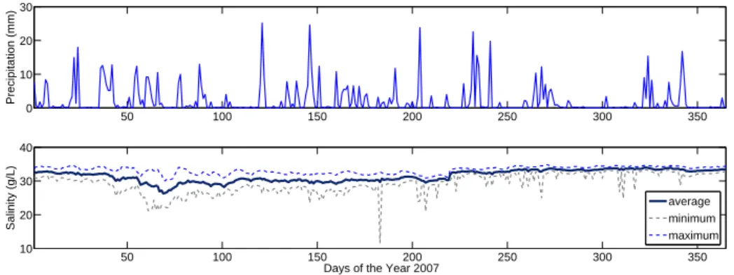 Figure 2.6: Precipitation (top) and water salinity level (bottom) during the year 2007 (one data point each day)
