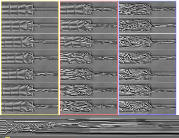 Figure 13. Time series of images showing the behavior of a suspension of 200 µm-long fibers, oriented parallel to the flow, which goes from left to right on the pictures