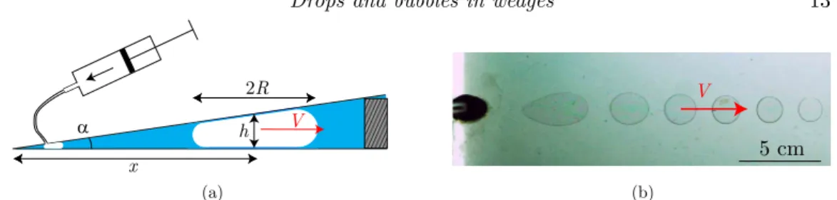Figure 7. (a) Using a syringe, an air bubble is injected in a wedge filled with wetting oil