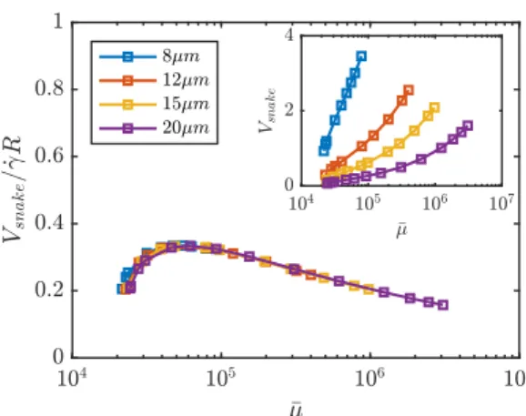 FIG. S3. Snaking velocity V snake scaled by ˙ γR as a function of ¯ µ as predicted by our theoretical model