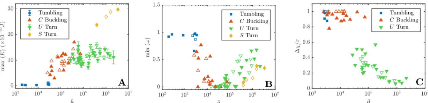 FIG. 3. Dependence on elasto-viscous number ¯ µ of: (A) the maximum value of the bending energy E, (B ) the minimum value of the sphericity parameter ω, and (C ) the range ∆χ of the mean angle in the various tumbling and deformation regimes