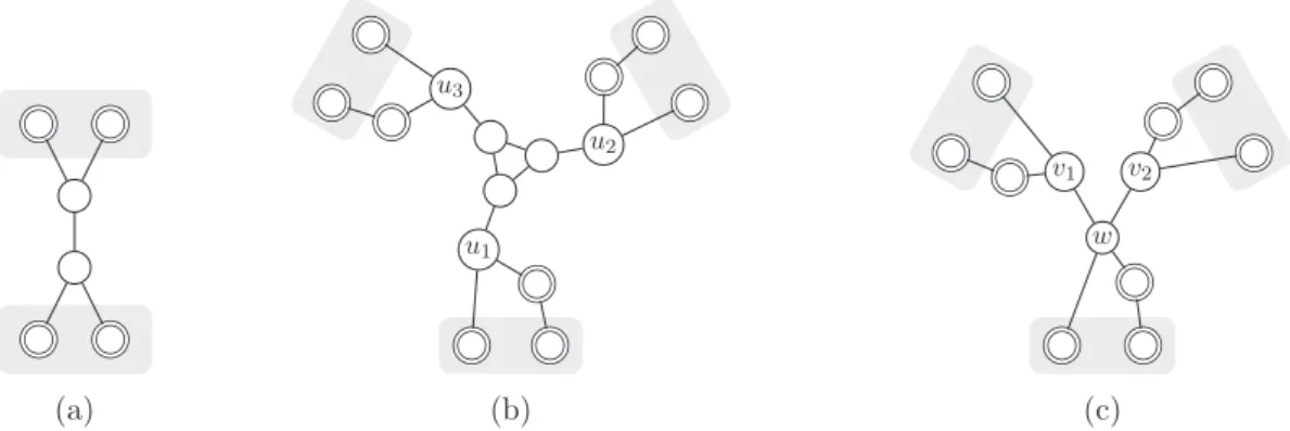Figure 3.1: Gadgets used for the reduction. Vertices with double borders cannot take colour ⊥ 