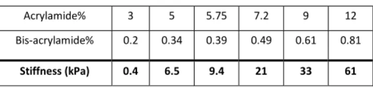 Table  1  –  Polyacrylamide  gel  stiffness.  The  concentration  of  acrylamide  and  bis- bis-acrylamide used and the stiffness of the resulting polybis-acrylamide gel