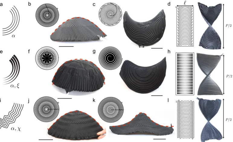 Figure 3 Three metric distortion strategies. Simple geometric surfaces are programmed with corresponding seam patterns in insets