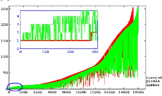 Figure 2.9 – Evolution des niveaux de gris des pixels abaissés lors des dépilement de la FAH pour la méthode λ-Skeleton (en vert) et notre méthode SCCT (en rouge).