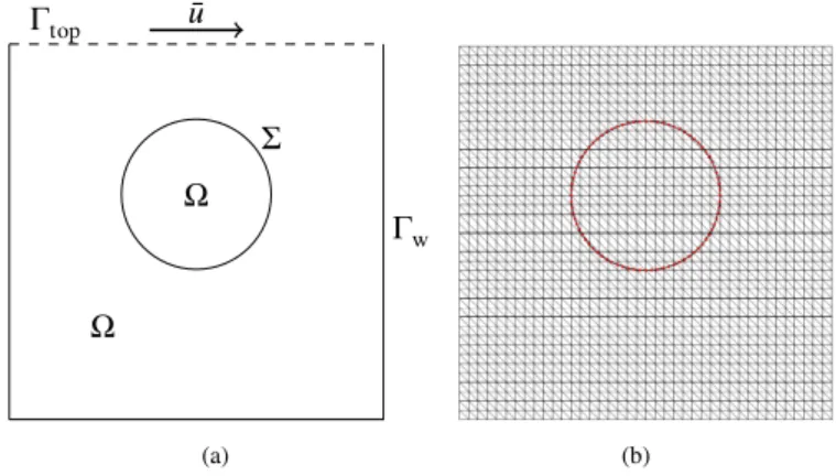 Figure 14 (a) Geometric configuration and external boundary condition, (b) Fluid and solid meshes at time t=0.