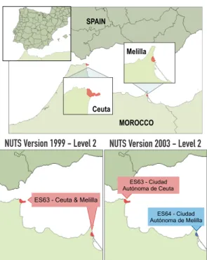 Figure 2.14 – Example of territorial change - Split of the territorial unit ES63 from NUTS Version 1999 to NUTS Version 2003, at Level 2.