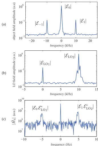 FIG. 2: (a) Magnitude of the spectrum of the object field E whose phase is modulated at 10 kHz, showing the first lateral bands ∝ |E ±1 | and the non-shifted component ∝ |E 0 | (supply voltage : 1 V) 