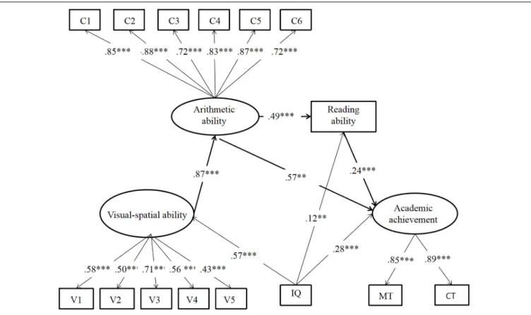 FIGURE 3 | Mediation effects of arithmetic and reading abilities between visual–spatial ability and academic achievement