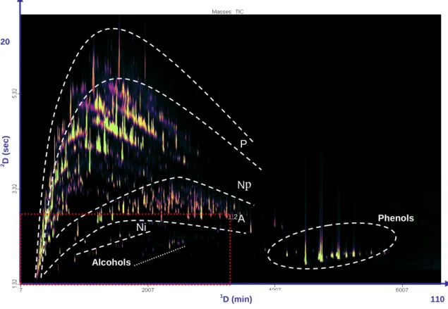 Figure 3-8. 2D contour plot of the coal derived naphtha using Solgelwax x Rtx-200 columns set