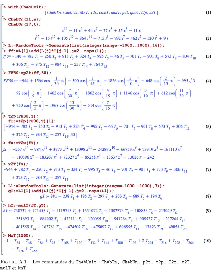 Figure A.1 – Les commandes du ChebUnit : ChebTn, ChebUn, p2t, t2p, T2x, x2T, mulT et MnT