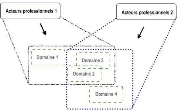 Figure  1 :  les  domaines  de  champ  de  pratiques  perçus  à  partir  des  compétences  de  groupes  d’acteurs différents