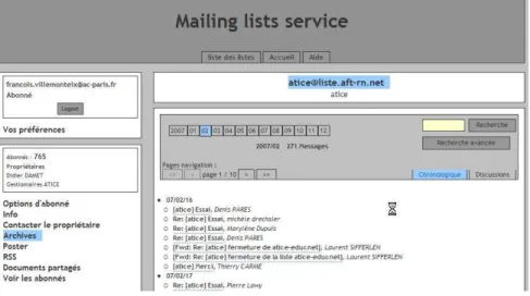Figure 3 : Interface du système de gestion des listes de diffusion SYMPA (capture effectuée le 26  février 2007, après la migration de la liste du serveur Educnet vers le serveur de l’AFT-RN) 