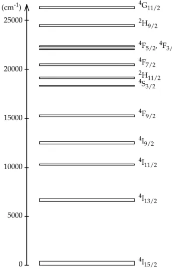 Figure 1-6: Niveaux d'énergie d'Er 3+  dans LiNbO 3 . La hauteur des rectangles  est proportionnelle à l’écartement des sous-niveaux de chaque multiplet 1 