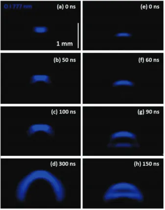 Figure 3.5 Emissivity images of  O I (in blue) of  the plasmas induced on the  aluminum plate with a thin film of  powder [(a) to (d)] and on a glass sample [(e)  to (h)]
