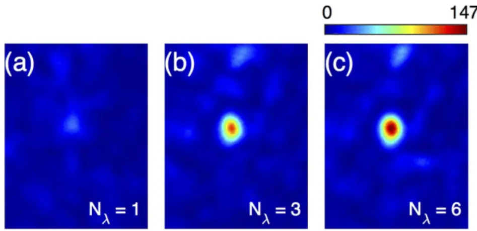 Figure 5.  Polychromatic focusing through a strongly scattering medium with the MSTM. (a-c) The contrast  of the spatial focus increases with N λ , number of controlled wavelength: (a) SBR  =   7.2  for  N λ =   1,  (b)  SBR =  26.1  for  N λ  =  3, and (c
