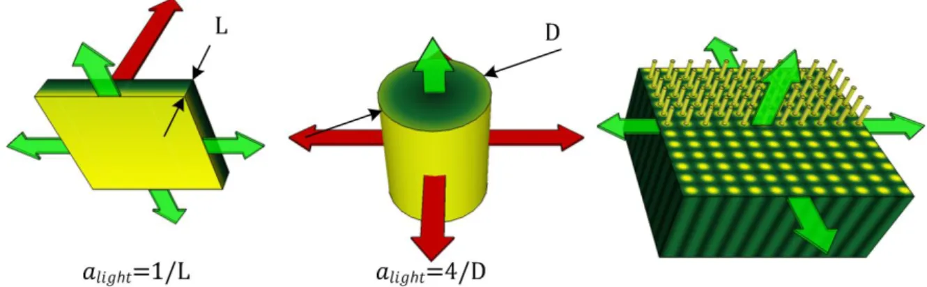 Figure 9 : Schématisation des degrés de liberté géométriques disponibles (flèches vertes) pour  augmenter le volume d’un photobioréacteur sans modifier sa surface spécifique éclairée, qui  est  un  paramètre  clé  dans  le  dimensionnement