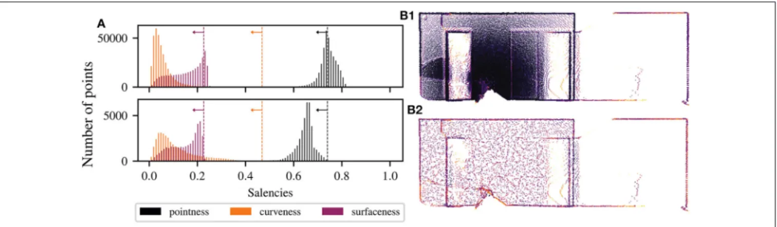 FIGURE 4 | (A) Convergence of the saliencies below their expected values, represented by the vertical dashed lines, implying a uniform density on each geometric primitive