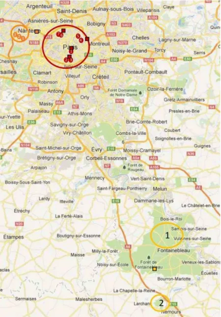 Figure 5 : Distribution des sites étudiés (cercles) et stations de mesure de la concentration en  NO2 (carrés) le long du gradient urbain-rurale 