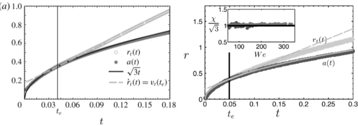 Figure 1.13 – A gauche extrait de [6] : simulations d’étalement d’un goutte sans friction visqueuse à We = 100 , r t ( t ) : rayon de l’extrémité de la lamelle adimensionné, a ( t ) rayon de la zone mouillée