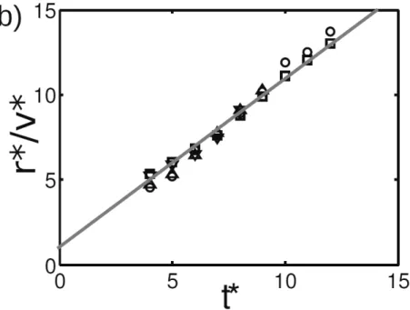 Figure 1.14 – Extrait de [35]. Quotient r v ∗ ∗ en fonction de t ∗ , où r ∗ est la coordonnées radiale et v ∗ la vitesse mesurée pour des vitesses d’impact de 1m/s, 2m/s, 3m/s et 4m/s