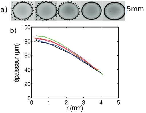 Figure 2.18 – (a) : Photographies de gouttes de rayon initial R = 1.15 mm impactant à U = 2 m/s en situation de caléfaction