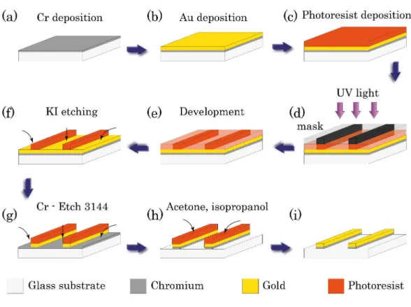 Figure 3.8: Different photo-lithography steps towards the fabrication of flat gold ribbon electrodes.