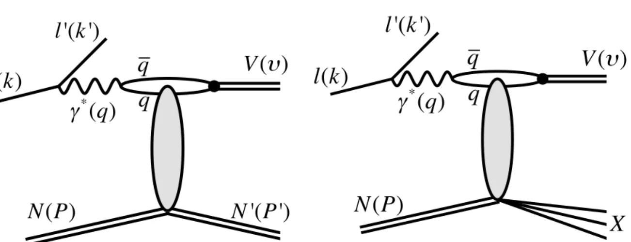 Figure 1.12 – Diagrammes possibles pour la production diﬀractive d’un méson vecteur sur le nucléon.
