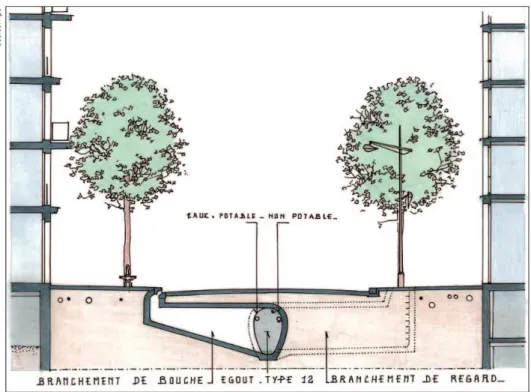 Figure  1.4.  Schéma  des  réseaux  d’eau  disponibles  sous  la  voirie  parisienne  et  proches  des  plantations  (Apur  2010a)