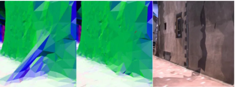 Fig. 1. A visual artifact (left) and its removal (middle and right). The triangle orientations are colored (white: ground, red-green-blue: vertical, black: sky).