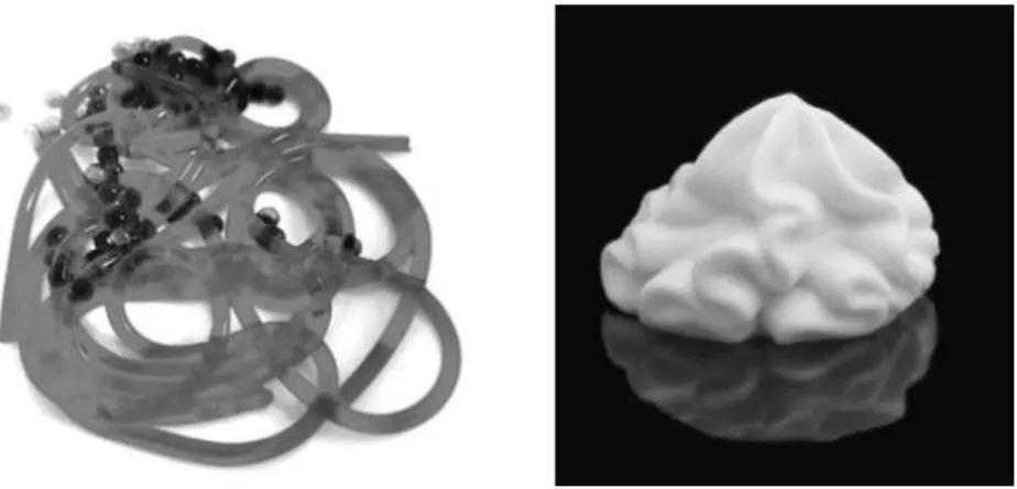 Figure  1  -  Techniques  «  classiques  »  de  la  cuisine  dite  «  moléculaire  ».  A  gauche  :  spaghettis  (sirop  de  grenadine  et  carraghénane  kappa)  et  billes  (curaçao,  alginate  de  sodium et lactate de calcium)