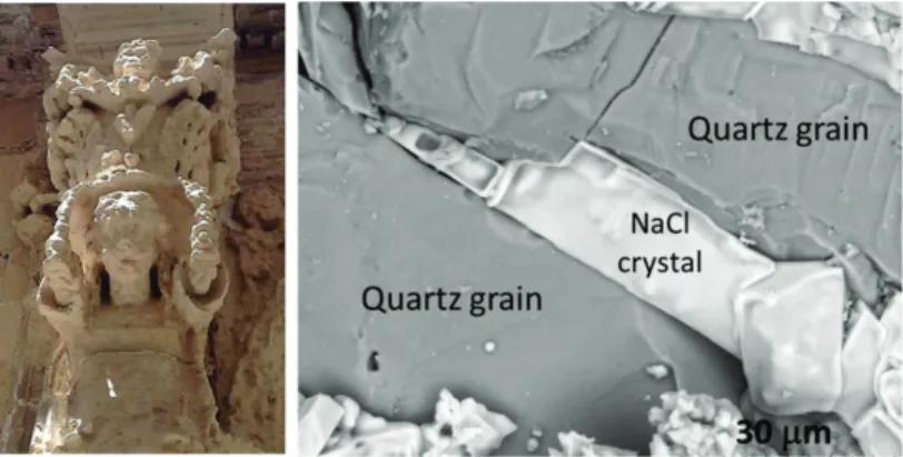 Figure 1.14: Left panel: Degradation of a historical stone sculpture (Lecce, Italy). Right panel: SEM image of a NaCl crystal (white) in the pore space of sandstone after evaporation of the salt solution.