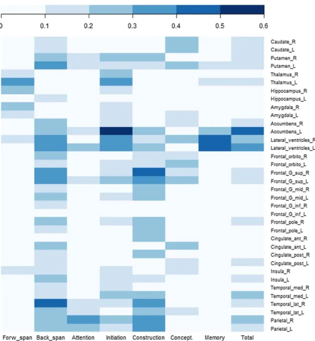 Fig.  1    Heatmap  representation  of  correlation  coefficients  between  pre-operative  MRI  variables and the variation of cognitive scores 1-year after DBS-STN