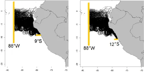 Figure  7.  Float  trajectories (black  lines) originating  from  the  equatorial  region  (88°W)  and  reaching the upwelling region at 9°S and 12°S