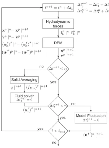 Figure 2.3: Simulation loop of the model. The quantities with superscript p are evaluated for each particle, while | n express the time step n at which the quantities are deﬁned.