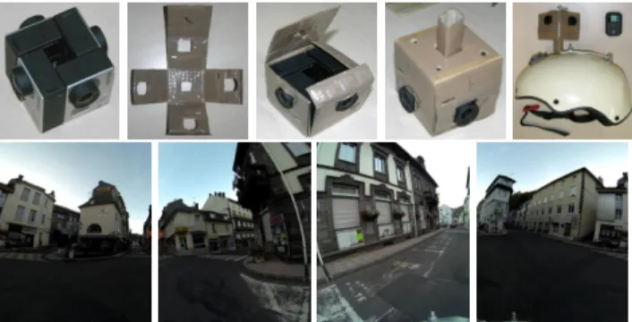 Figure 1. Top: four GoPro Hero3 cameras enclosed in a cardboard box. Bottom: resulting images of our DIY multi-camera.