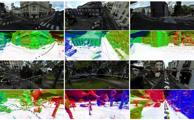 Figure 4. Local views of the 3D model (textures and triangle normals). The normals are encoded by colors (ground: white, vertical: