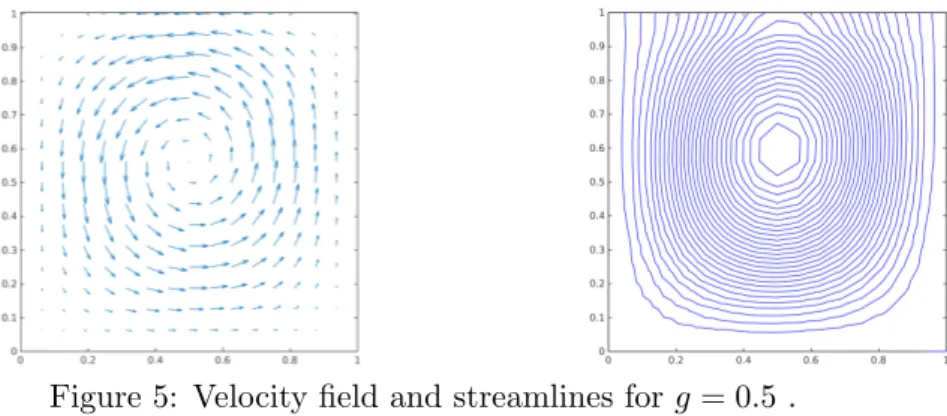 Figure 5: Velocity field and streamlines for g = 0.5 .