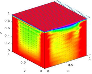Figure 12: Velocity field and k u τ k on the boundary for the Navier-Stokes flow with ν = 10 −2 , g = 1, κ = 0.1, h = 1/20 and k = 5 × 10 −4 .