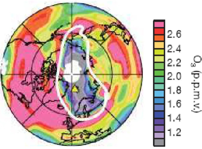 Figure 1.9: Arctic ozone loss in mid-March 2011 at an altitude of ∼ 20 km (Taken from Manney et al., 2011).
