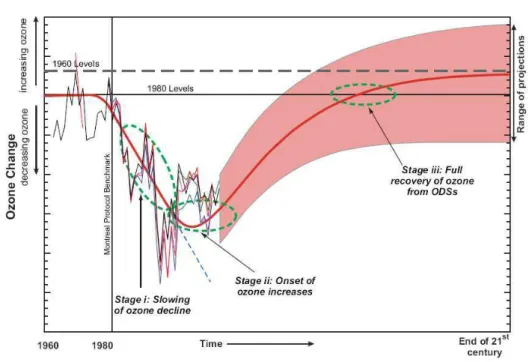 Figure 1.14: Schematic picture showing the evolution of ozone column between 60 ◦ S and 60 ◦ N in 1960–