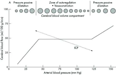 Figure 1.7 – L’autorégulation cérébrale maintient un débit sanguin cérébral constant dans des valeurs de pression artérielle comprises entre 40 et 120 mmHg (Lang et al