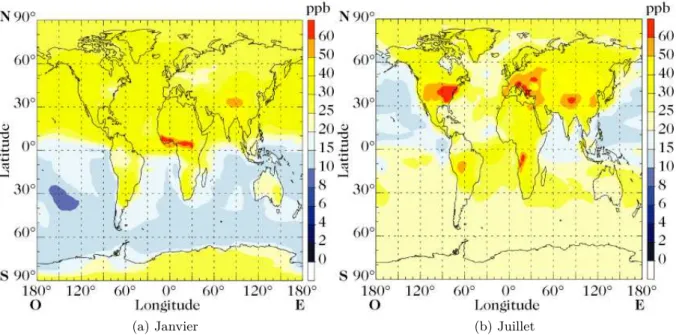 Figure 1.2: Variabilité spatiale d’ozone de surface pour la période actuelle (Modèle LMDZ-Inca - Hauglustaine).