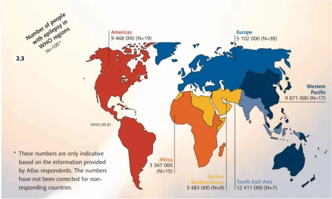 Figure 2: Carte schématisant la prévalence de l'épilepsie dans le monde.  