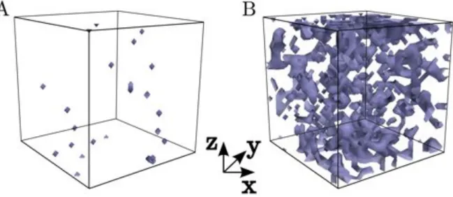 Figure 4.8 – Visualisation 3D des clusters de spins down du r´eseau dans une structure FCC de taille N x ⇥ N y ⇥ N z = 10 ⇥ 10 ⇥ 10a