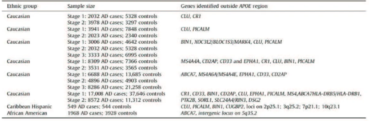 Tableau 5 Facteurs génétiques identifiés par  études d’association pangénomiques. Adapté d’après (Reitz  and Mayeux, 2014)